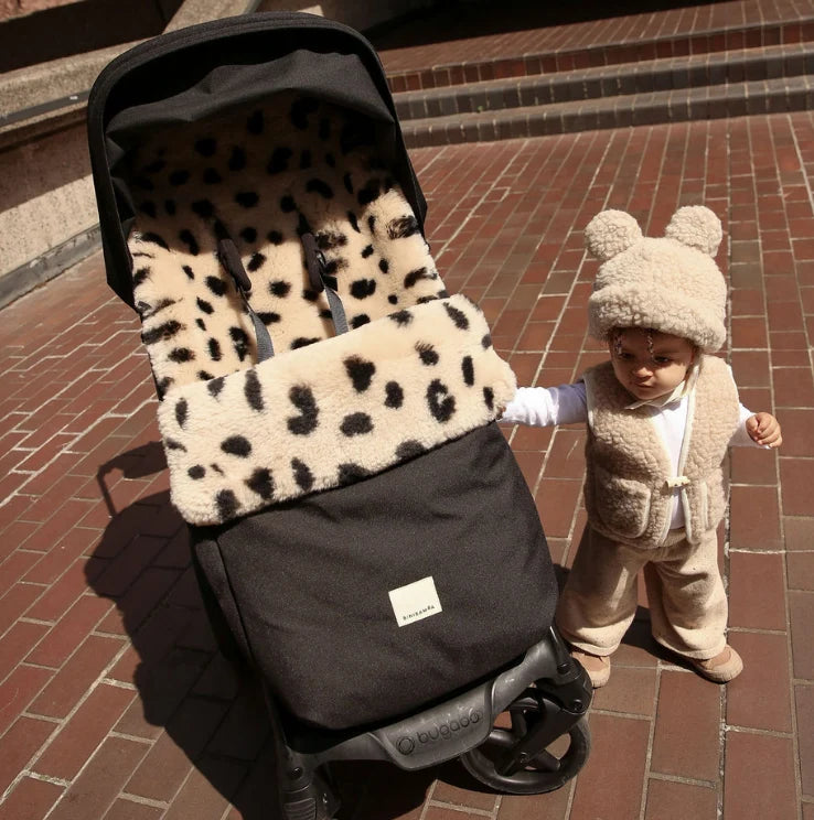 Chancelière Puffmuff® - Peau d'agneau mérinos - Noir + Leopard - BINIBAMBA