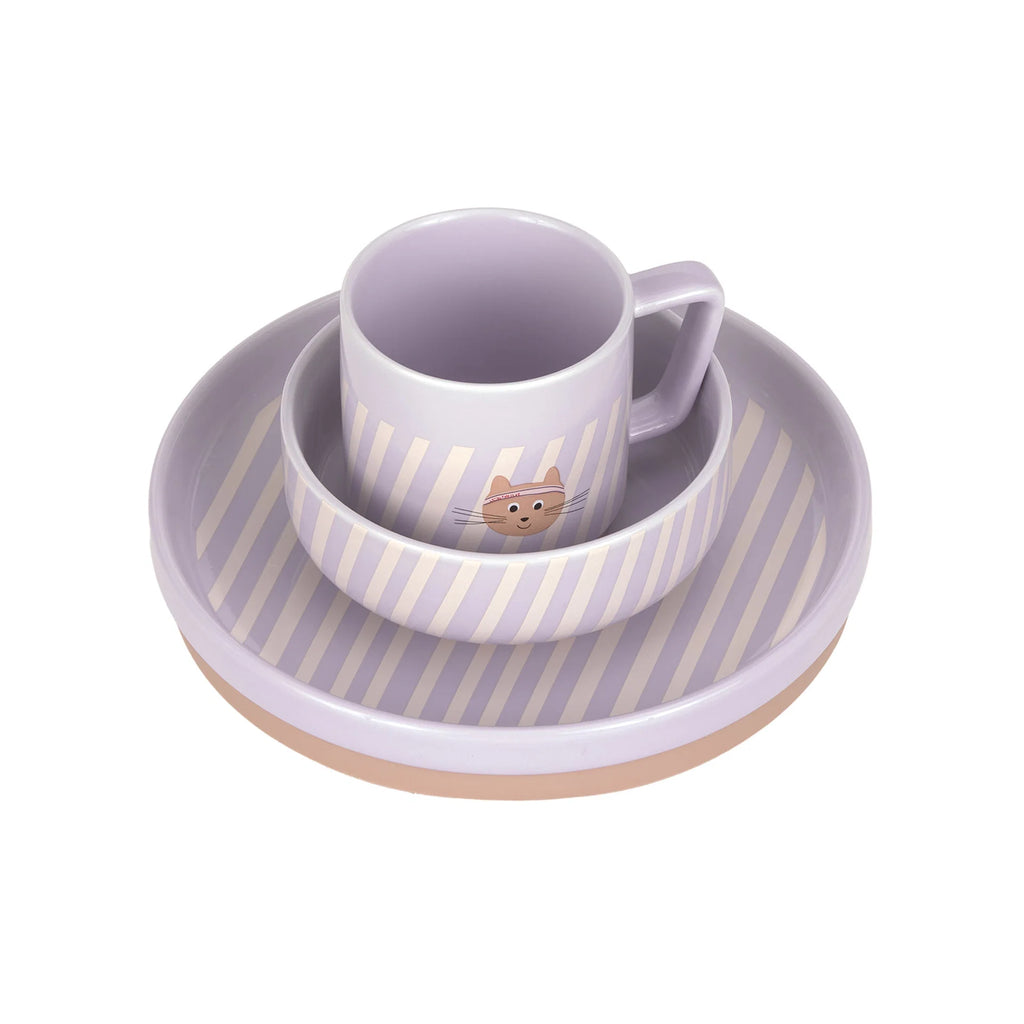 Porseleinen Kinderservies met Siliconen Antislip – 3-delige Set – Tiny Team Cat – LÄSSIG