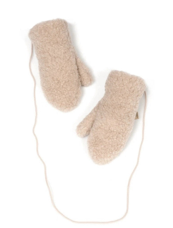 Woolen children's mittens with cord - Gully Junior Beige – 100% wool – Alwero