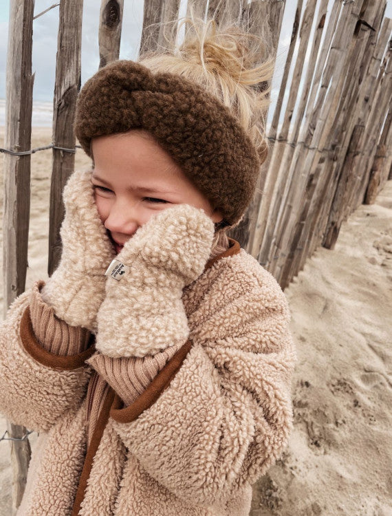 Woolen children's mittens with cord - Gully Junior Beige – 100% wool – Alwero