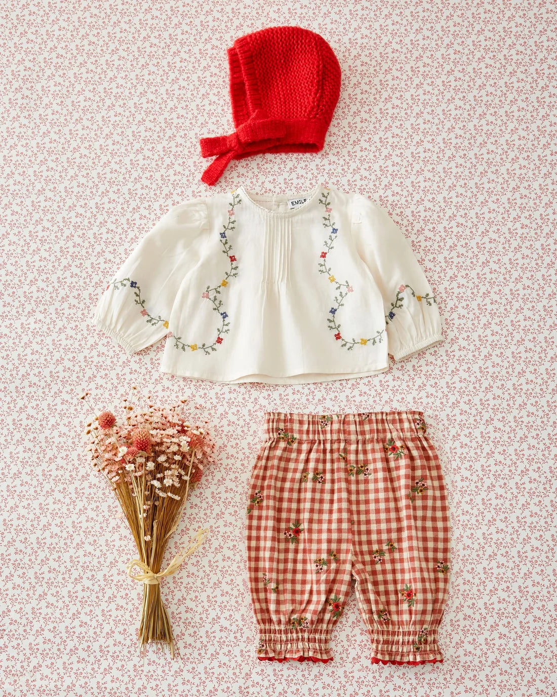Baby broekje – Terracotta Gingham Embroidered – 100% katoen - Emile et Ida