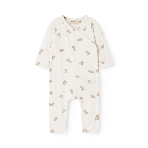Romper Rulo – Teddybears – MarMar Copenhagen: front view of the romper with wrap closure.