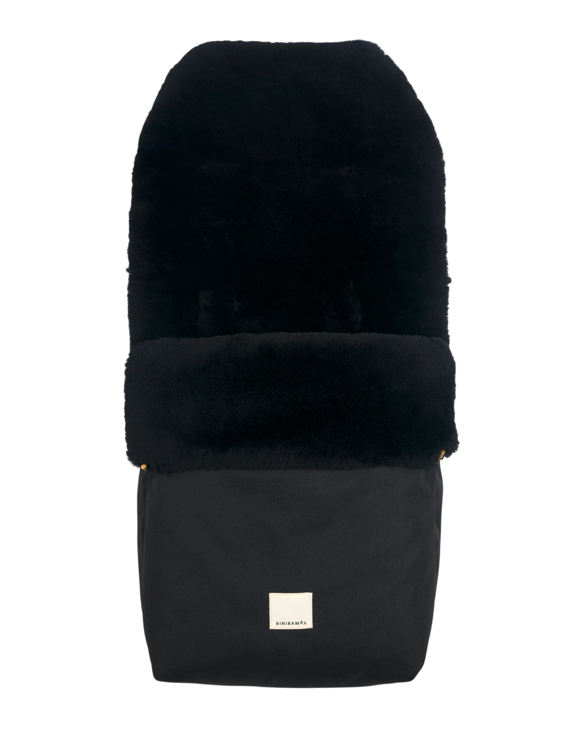 Noir Puffmuff – Luxe zwarte kinderwagenvoetenzak van merino schapenvacht – BINIBAMBA