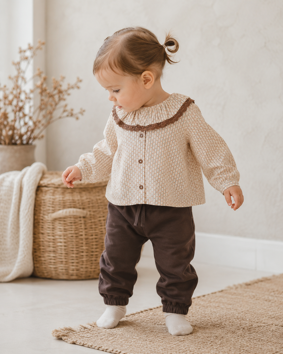Joggingbroek - Classic sweatpants - Brown Melange - 100% biologisch katoen - Copenhagen Colors - sfeerfoto met meisje met staartje