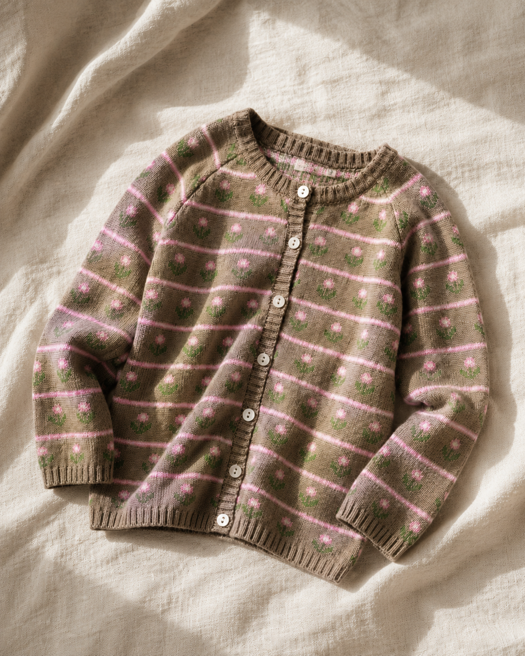 Gebreid vest met bloemenpatroon - Walnut Flower - 100% biologisch katoen - Copenhagen Colors - bovenaanzicht