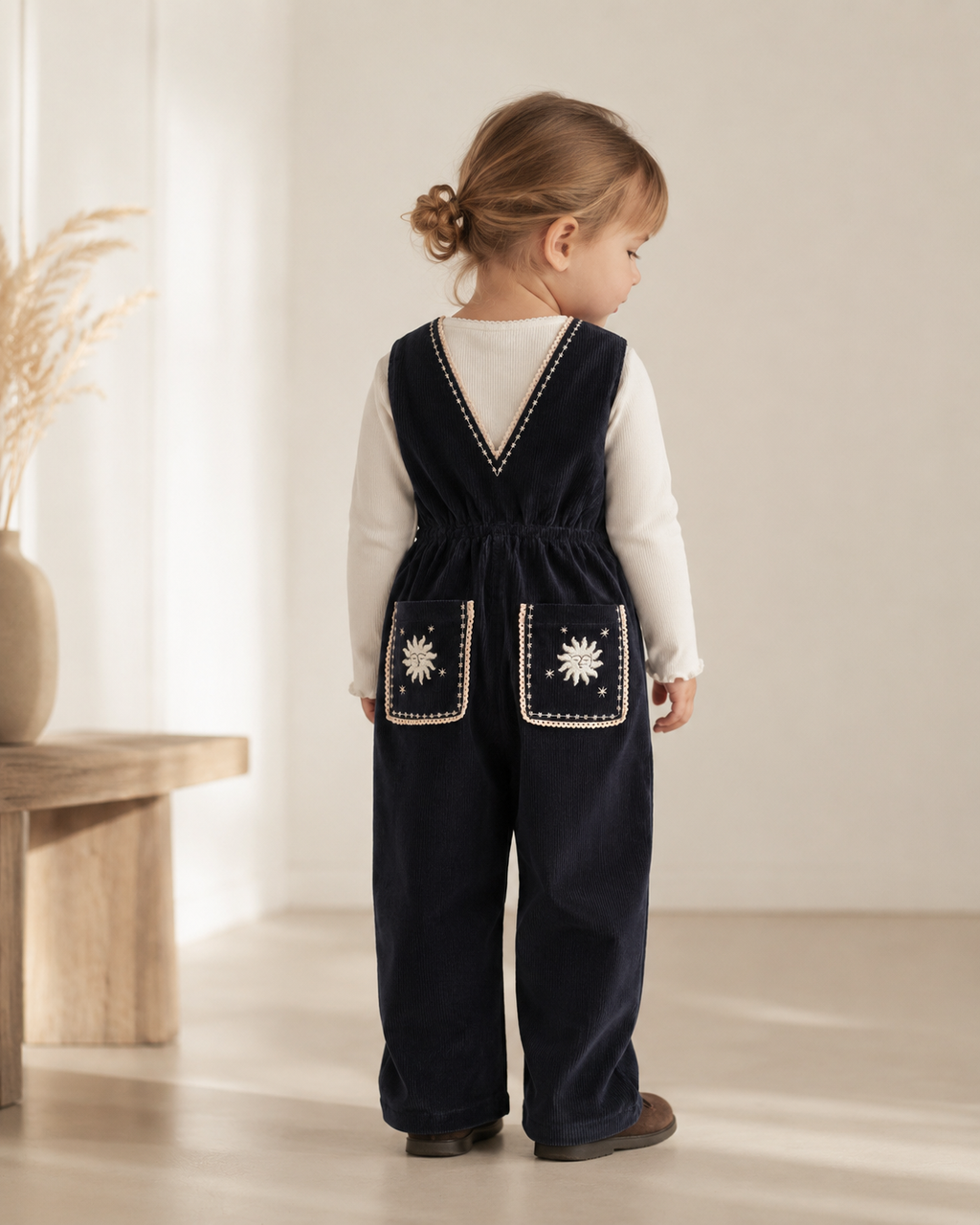 Tuinbroek corduroy - Embroidered Dungarees - Navy - Biologisch katoen - Copenhagen Colors - sfeerbeeld met meisje