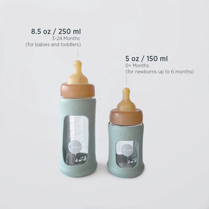 Glazen babyfles - Wide Neck met sleeve/beschermhoes - Glas & natuurrubber - HEVEA