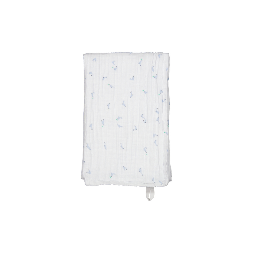 Swaddle - Hydrofiele doek - 110x110 cm - Biologisch katoen mousseline -  Bonded Muslin Print - Dolfijn/Dolphin - MarMar Copenhagen