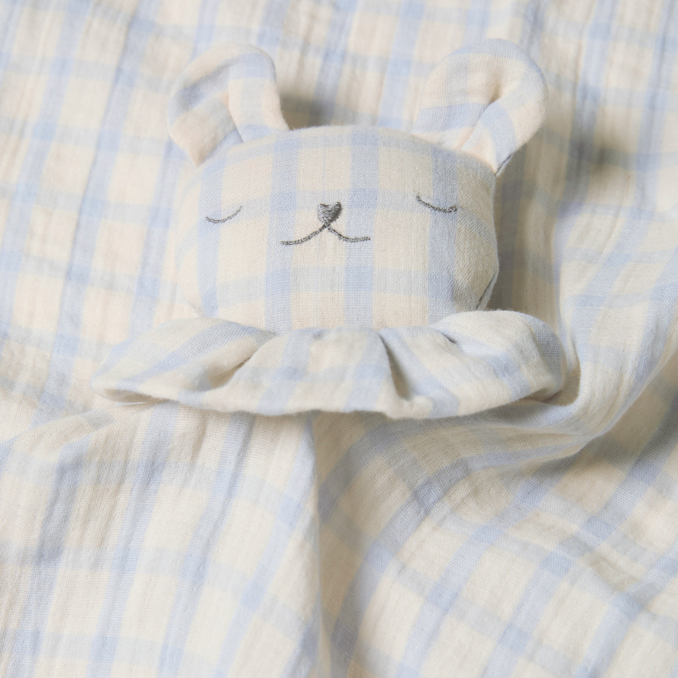 Schmusetuch Bär - Bio-Baumwolle - Musselin Bär - Gingham Sky Blue - Garbo&Friends