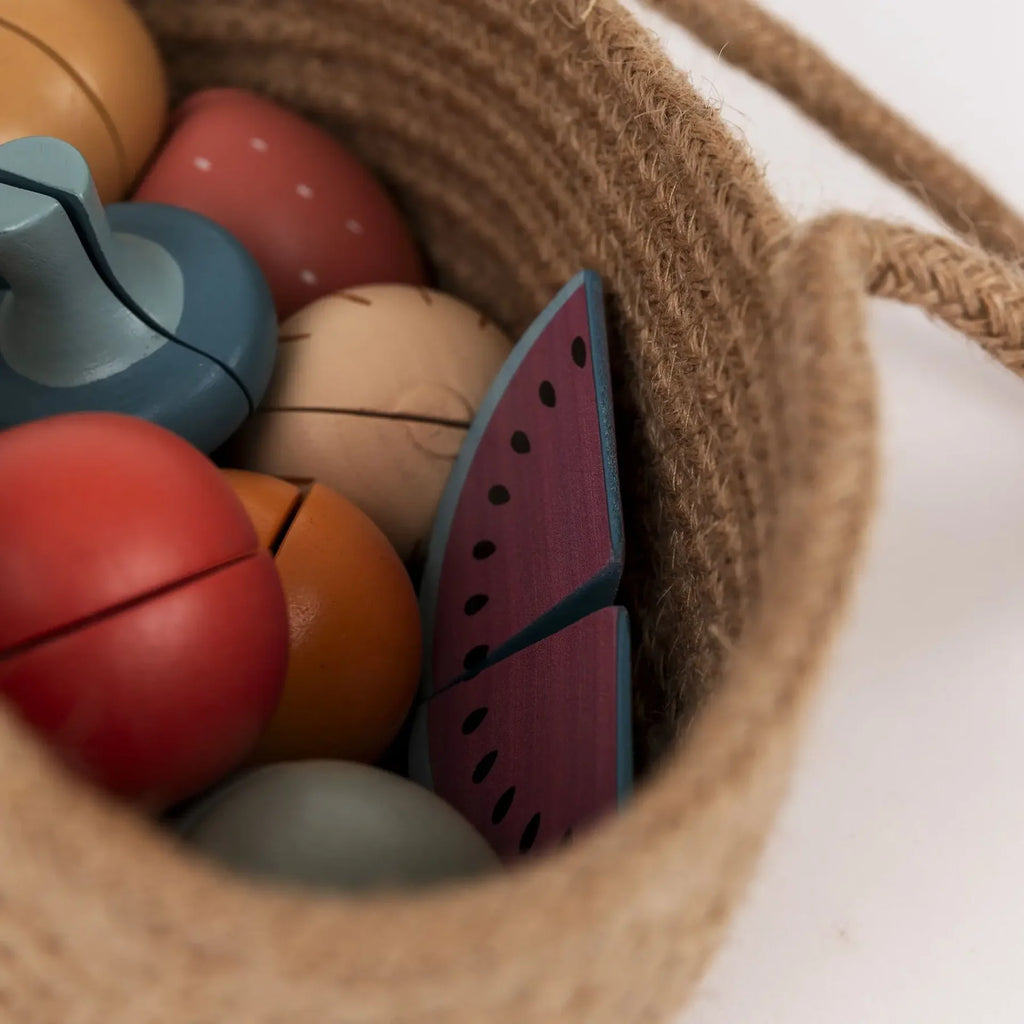 Houten Fruit- en Groenteset – 8-delige speelset met jute mandje – Egmont Toys