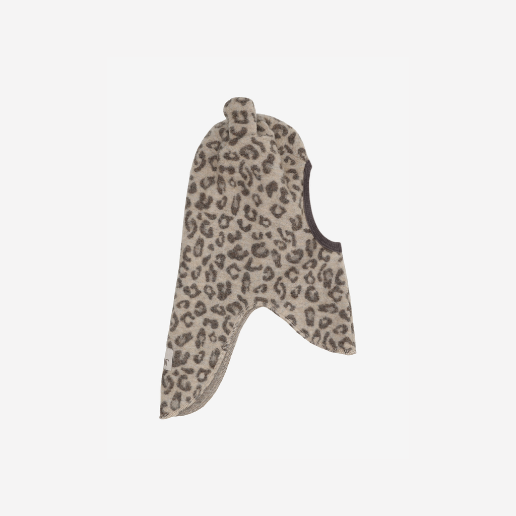 Balaclava met oortjes - Merino wol fleece - Jacquard/panterprint - Camel Melange - HUTTEliHUT zijkant