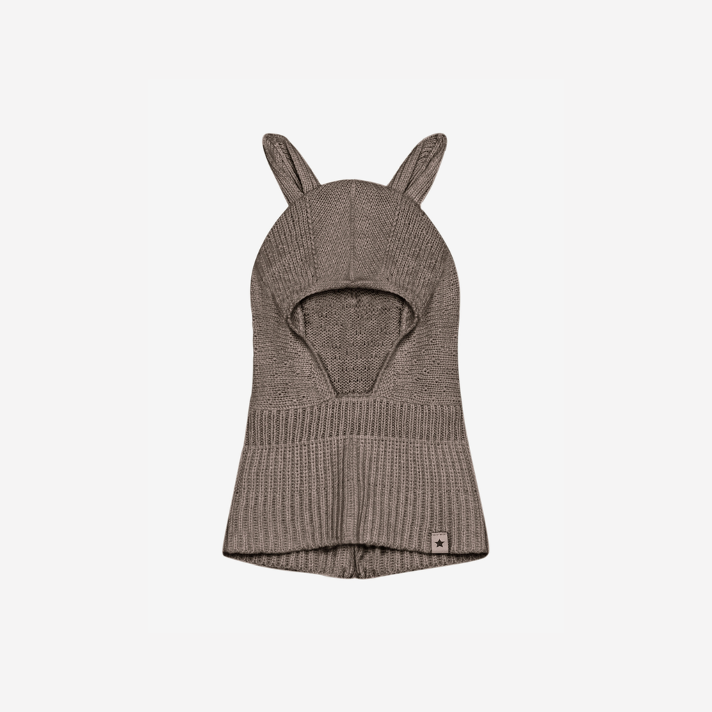 Gebreide balaclava met oortjes - Merino wol - Cinder Melange - HUTTEliHUT voorkant