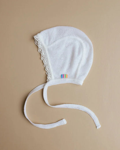 Strikmutsje met kant - Wol/zijde - Ajour baby mutsje - White - Joha