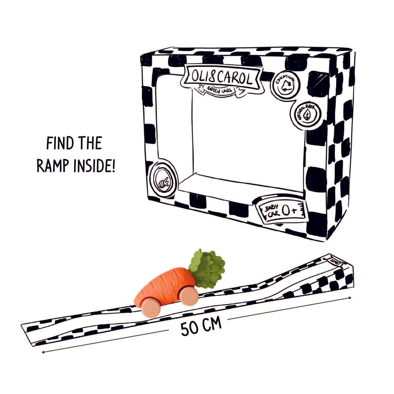 Speelgoedauto Cathy the Carrot met garage & racebaan - 0+ jaar - Natuurrubber & FSC-hout - Oli & Carol - verpakking - afbeelding 5