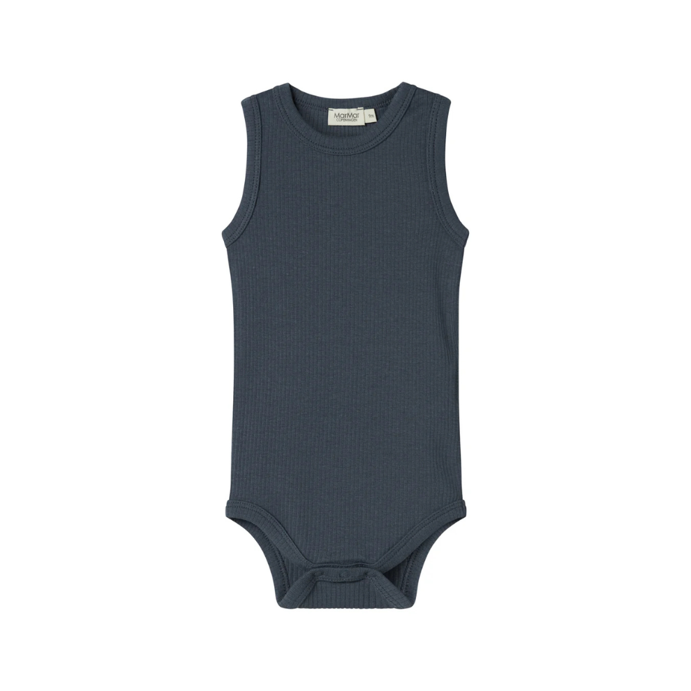 MarMar Copenhagen Rula Modal Sleeveless Romper  Ribbed Mouwloze Baby Romper TENCEL™ Modal en Biologisch Katoen blue donkerblauw navy