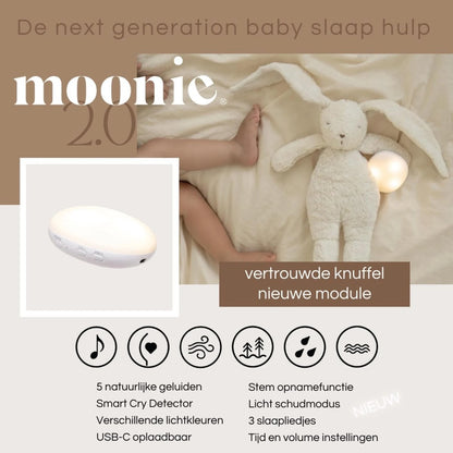 Knuffelkonijn met hartslag & white noise - The Humming Bunny 2.0 - Biologisch GOTS katoen - Moonie