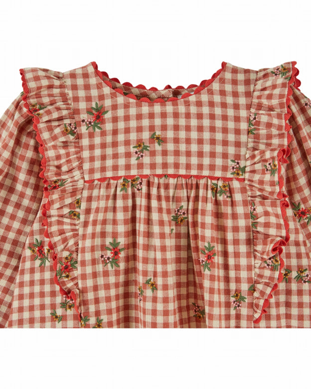 Geruit jurkje met bloemenborduursel - Roodbruin - Robe Vichy Volant/Broderie - Emile et Ida - productfoto - afbeelding 2