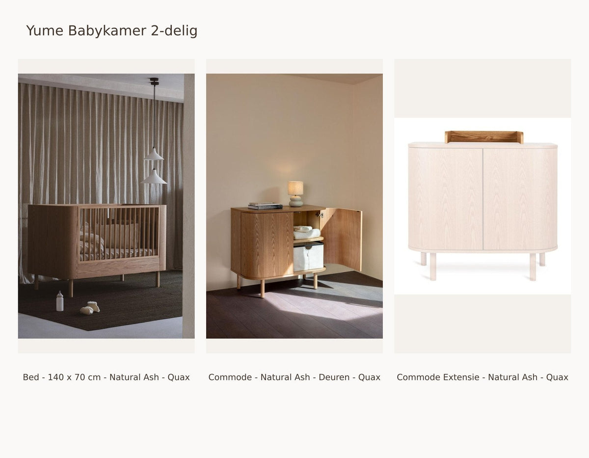 Quax Yume Babyzimmer 2-teilig – Natural Ash – 140 × 70 – Kommode Türen – mit Wickelaufsatz – mit Rausfallschutz und Juniorkit: Set mit Bett - 140 x 70 cm - Natural Ash - Quax, Kommode - Natural Ash - Türen - Quax, Wickelaufsatz - Natural Ash - Quax.