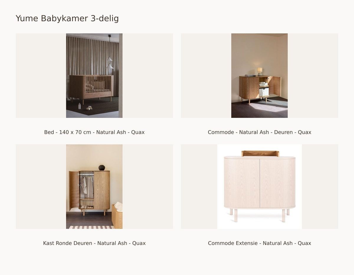 Quax Yume Babyzimmer 3-teilig – Natural Ash – 140 × 70 – Wickelkommode Türen – Kleiderschrank runde Türen – mit Wickelaufsatz – mit Rausfallschutz: Set mit Bett - 140 x 70 cm - Natural Ash - Quax, Kommode - Natural Ash - Türen - Quax, Schrank Runde Türen - Natural Ash - Quax, Wickelaufsatz - Natural Ash - Quax.