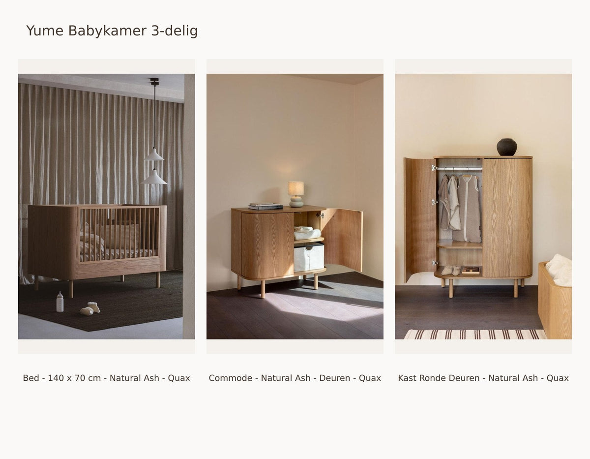 Quax Yume Babyzimmer 3-teilig – Natural Ash – 140 × 70 – Kommode Türen – Kleiderschrank runde Türen – mit Juniorkit: Set mit Bett - 140 x 70 cm - Natural Ash - Quax, Kommode - Natural Ash - Türen - Quax, Schrank Runde Türen - Natural Ash - Quax.