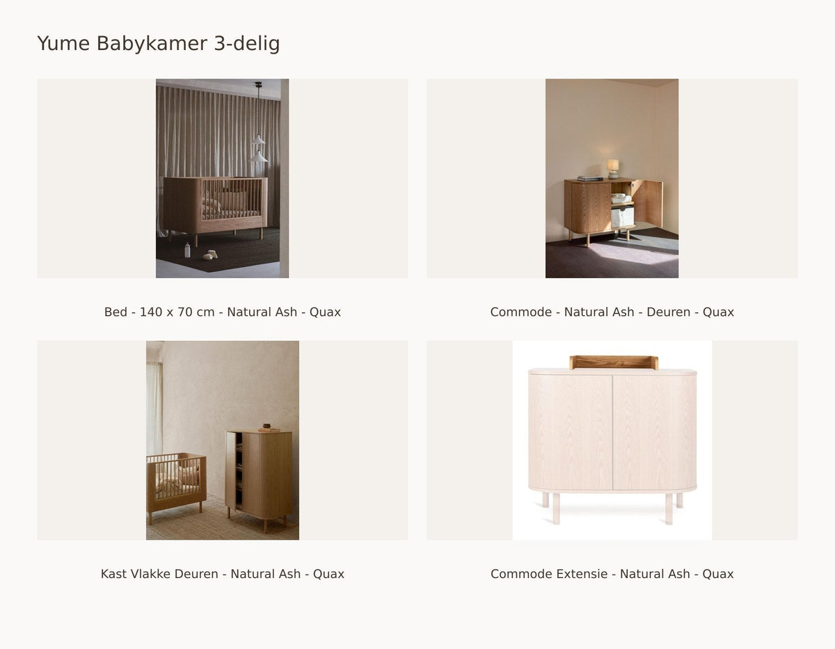 Quax Yume Babyzimmer 3-teilig – Natural Ash – 140 × 70 – Wickelkommode Türen – Kleiderschrank flache Türen – mit Wickelaufsatz – mit Junior-Kit: Set mit Bett - 140 x 70 cm - Natural Ash - Quax, Kommode - Natural Ash - Türen - Quax, Schrank Flache Türen - Natural Ash - Quax, Wickelaufsatz - Natural Ash - Quax.