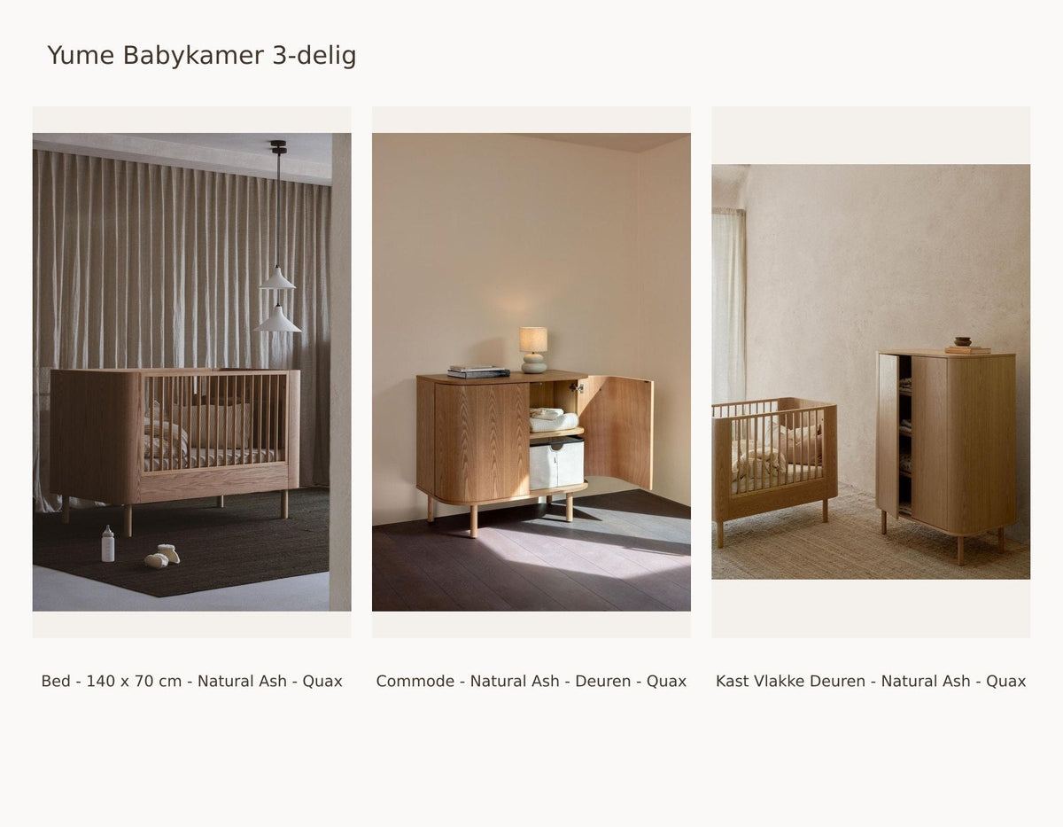 Quax Yume Babyzimmer 3-teilig – Natural Ash – 140 × 70 – Kommode Türen – Kleiderschrank flache Türen – mit Juniorkit: Set mit Bett - 140 x 70 cm - Natural Ash - Quax, Kommode - Natural Ash - Türen - Quax, Schrank flache Türen - Natural Ash - Quax.