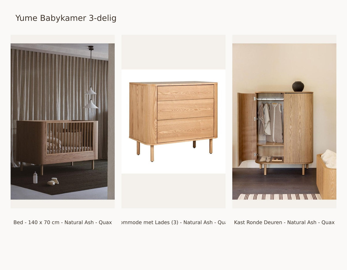 Quax Yume Babyzimmer 3-teilig – Natural Ash – 140 × 70 – Kommode mit Schubladen – Kleiderschrank runde Türen – mit Junior-Kit: Set mit Bett - 140 x 70 cm - Natural Ash - Quax, Kommode mit Schubladen (3) - Natural Ash - Quax, Schrank runde Türen - Natural Ash - Quax.