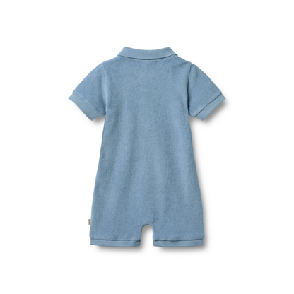 Badstof boxpakje - Playsuit Sully - Biologisch  katoen - Faded Denim/Blauw - Wheat achter