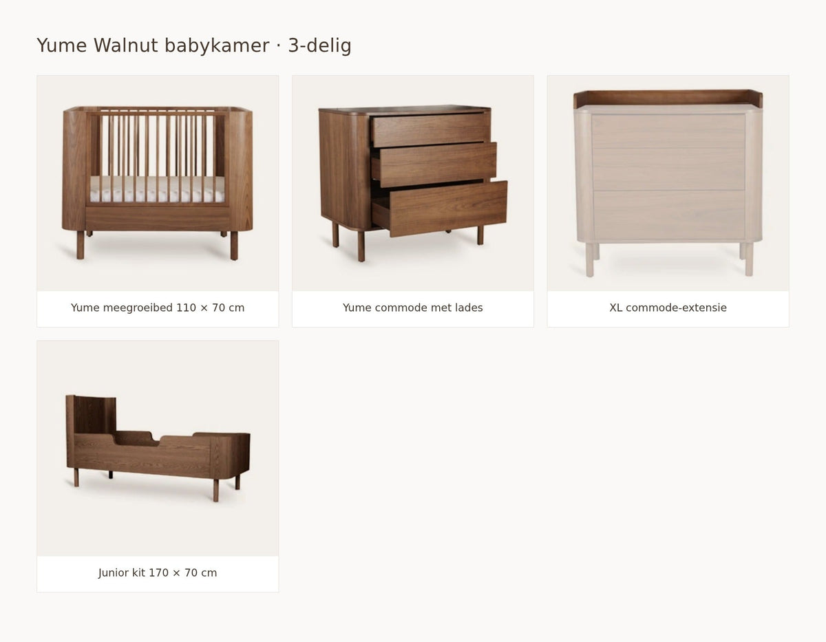 Quax Yume Walnut babykamer: samenstelling van 2 delig walnut 110 70 commode met lades extensie xl juniorkit