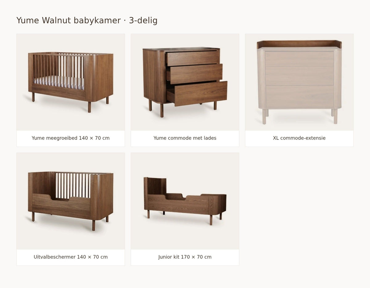 Quax Yume Walnut babykamer: samenstelling van 2 delig walnut 140 70 commode met lades extensie xl uitvalbeschermer juniorkit